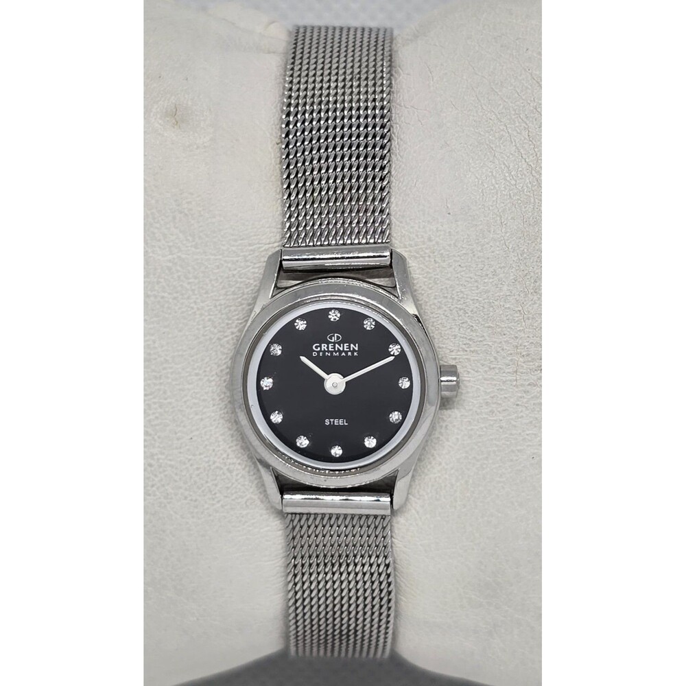 Women's Grenen Denmark Round Black Dial Crystal Marker Mesh Bracelet Watch 09